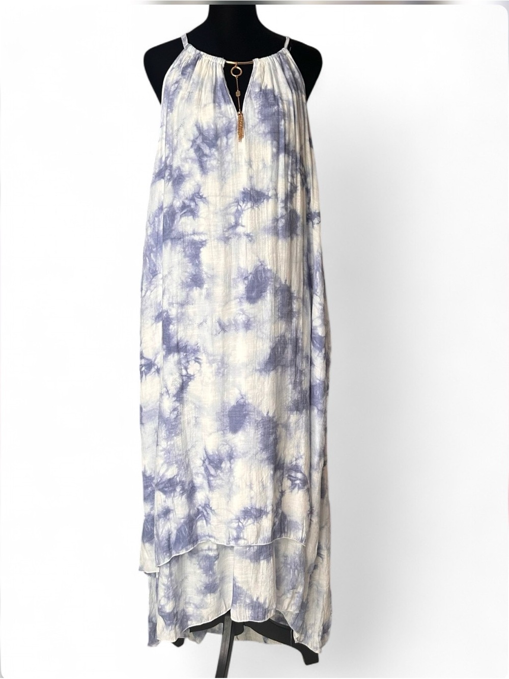 Mlle Gabrielle Tie-Dye Halter Maxi 2 Layers Blue Dress 3X, W/Gold Chain Detail